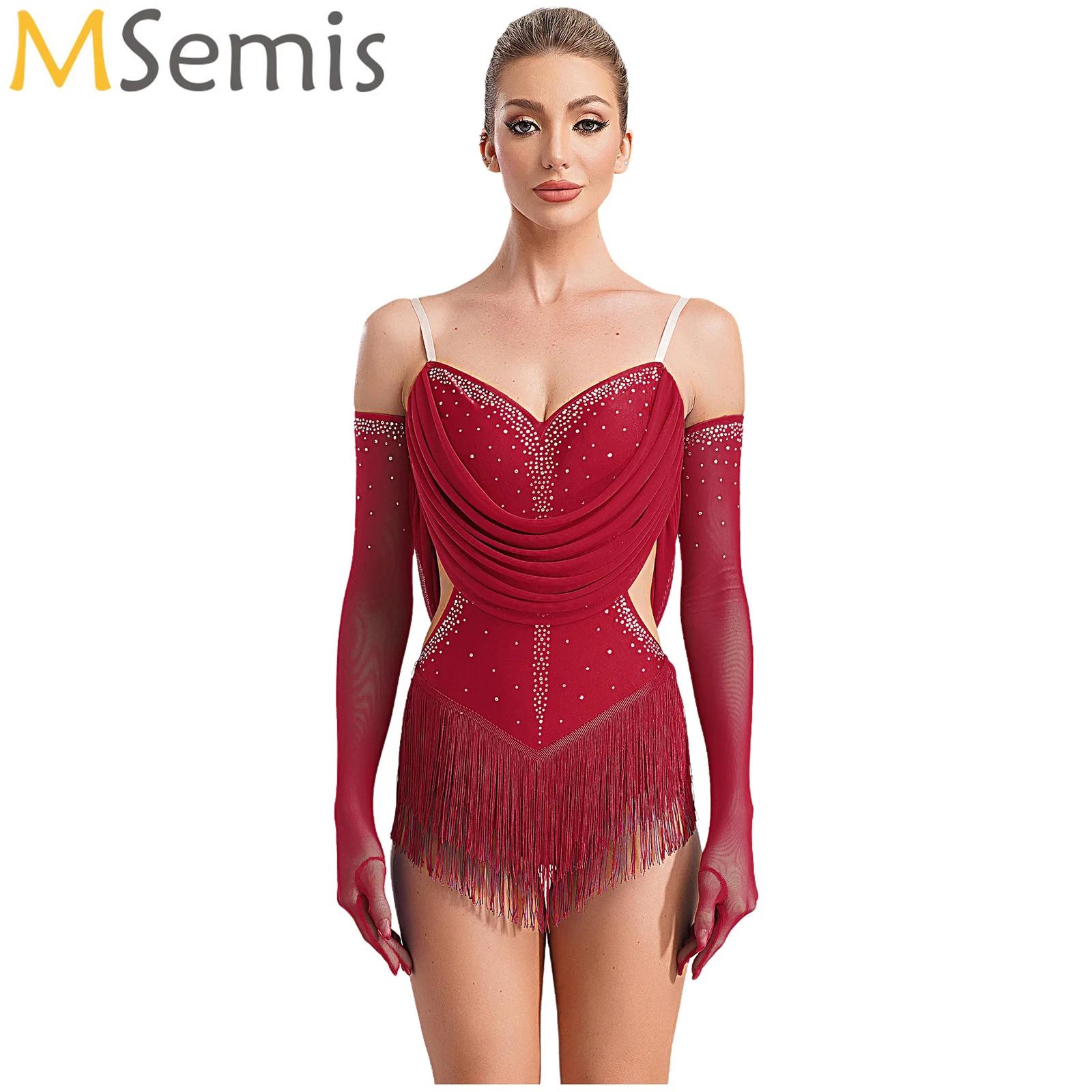Rhinestone Banding Trim - Women Ruched Mesh Tassel Latin Dance