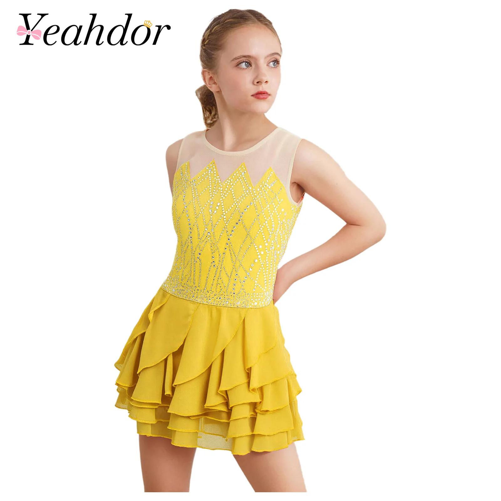 Girls Mesh Figure Skating Dres - Rhinestone Banding Trim ulasan dan harga